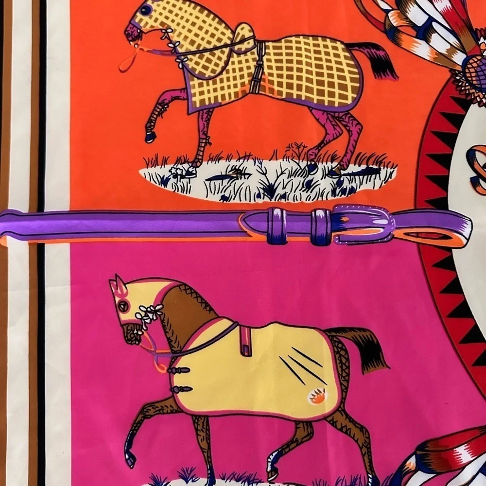 Equestrian 100% Silk Scarf  “Saratoga Rocks” 38”x 40” vibrant colors detailed‌‌